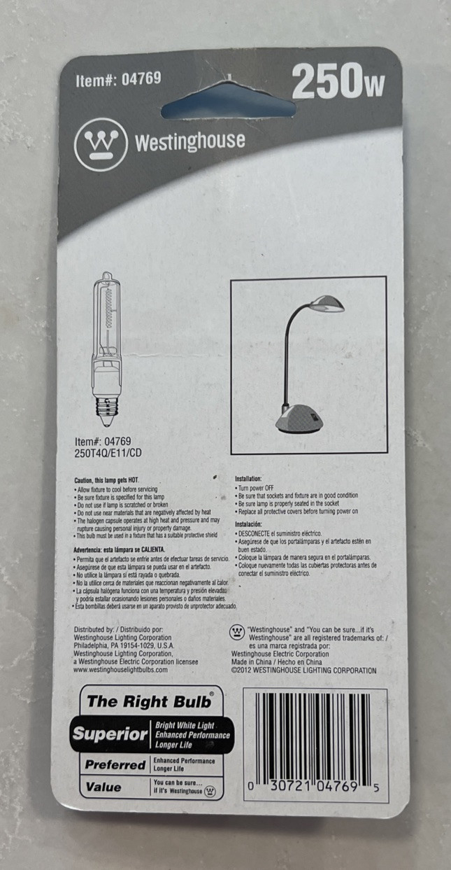 Westinghouse Halogen 250W Light Bulb # 04769 120V E11 Base