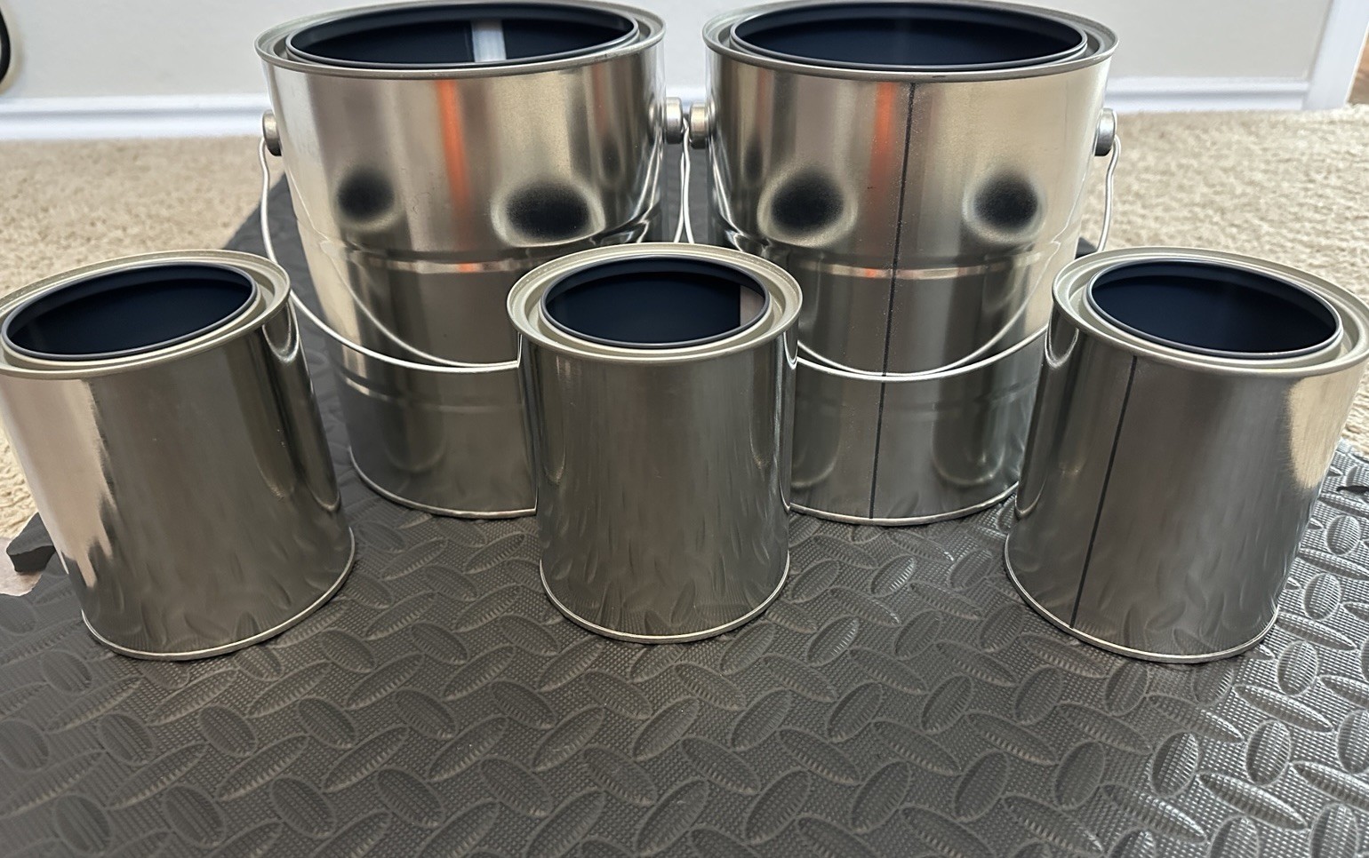 Set of 5 Empty Metal Paint Cans – 2 Gallon & 3 Quart – Clean, Unused
