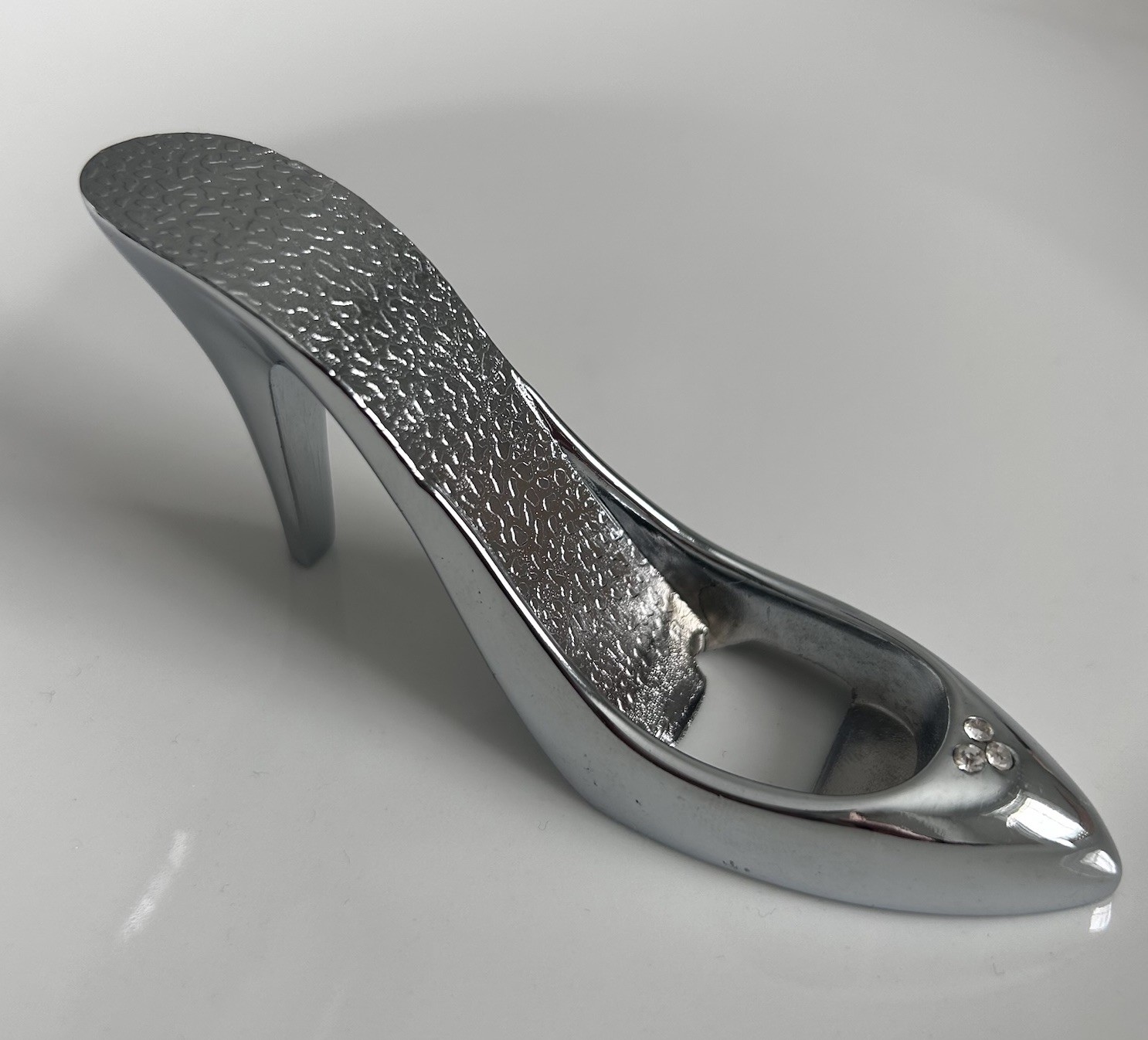 VNTG Silver Tone High Heel Shoe Bottle Opener Rhinestone Accents Cinderella Gift
