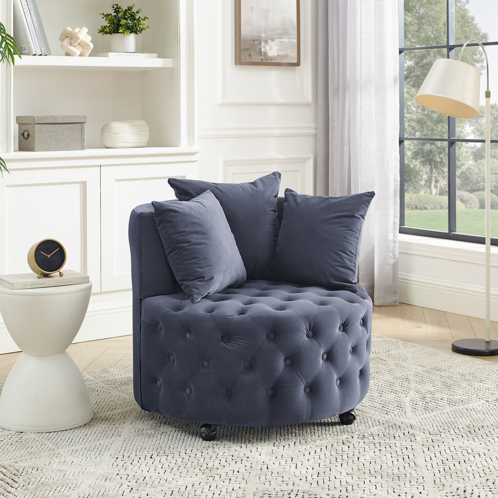 Velvet Upholstered Swivel Chair for Living Room, w/ Button Tufted Design Grey