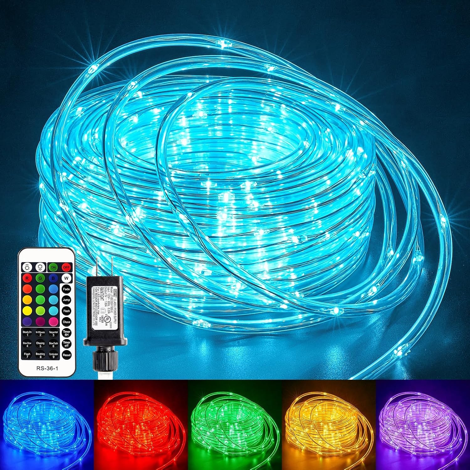 Color Changing Rope Lights Outdoor 33FT 100 LED String with Plug & Remote