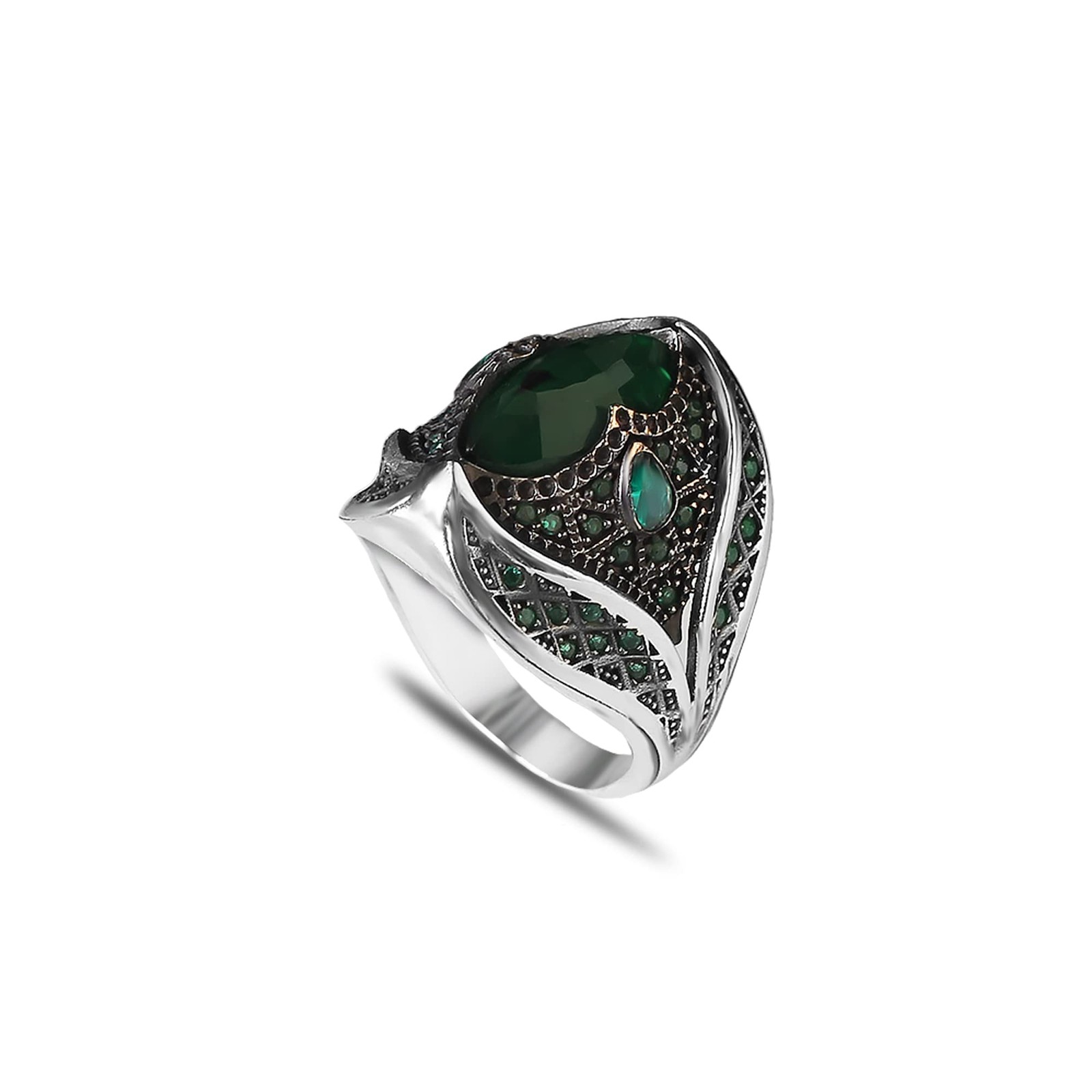 Emerald Stone Men Silver Ring, 925 Sterling Silver Emerald Gemstone Ring,