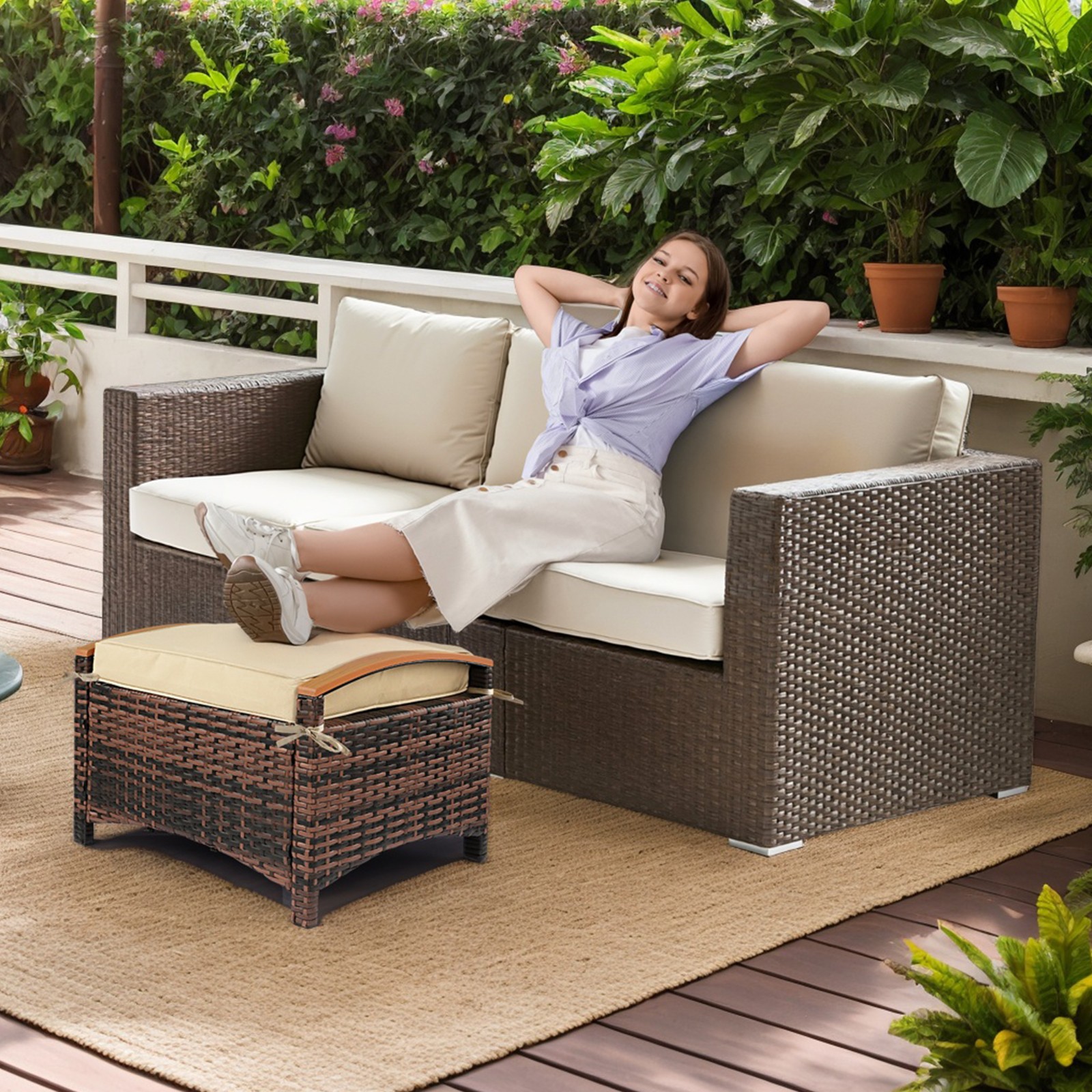 Set of 2 In/Outdoor Brown Rattan Beige Cushions Plastic Wood Armrest Footstool