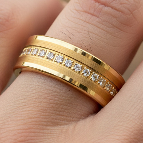 8mm Gold Tungsten Men’s Eternity Band with Round CZ Stones & Brushed Edges