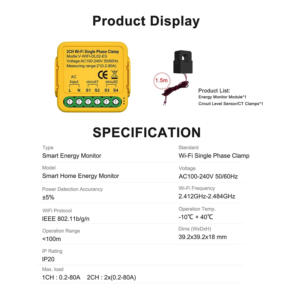 Tuya Wifi Meter with Current Transformer Sensor Clamp 80A Meter1539