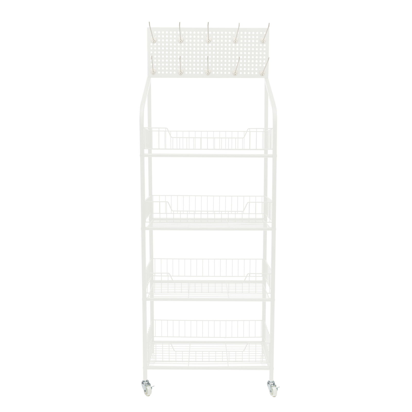 4-Tier Metal Snack Display Rack With Hooks & Wheels White