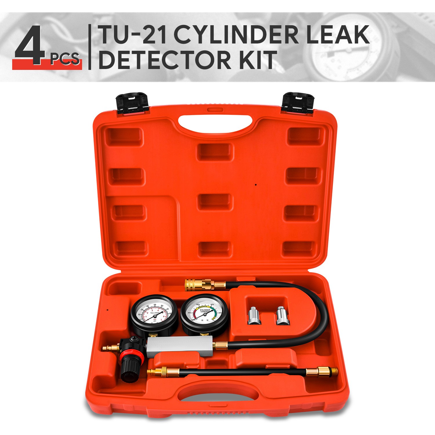 Red 100 Psi TU-21 Steel Cylinder Leakdown Detector Engine Compression Tester Kit