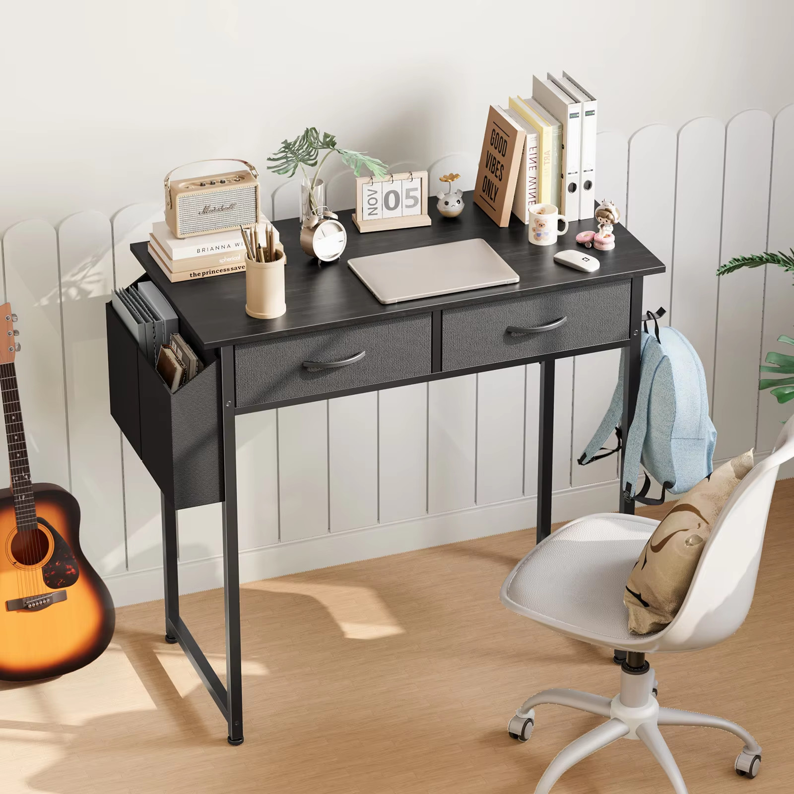 32 Inch Modern Office Desk, Fabric Storage Drawers, Metal Frame, Adjustable Feet