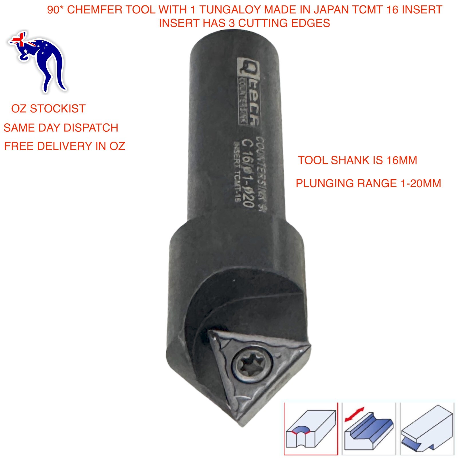 CHAMFER TOOL 90* WITH 1 MADE IN JAPAN CARBIDE INSERT 3 CUTTING EDGES 1-20MM