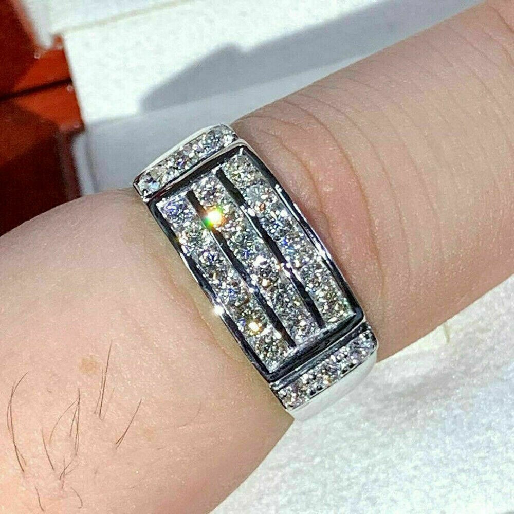 3 CT Round Simulated Diamond Men's Band Engagement Ring 14k White Gold Plated