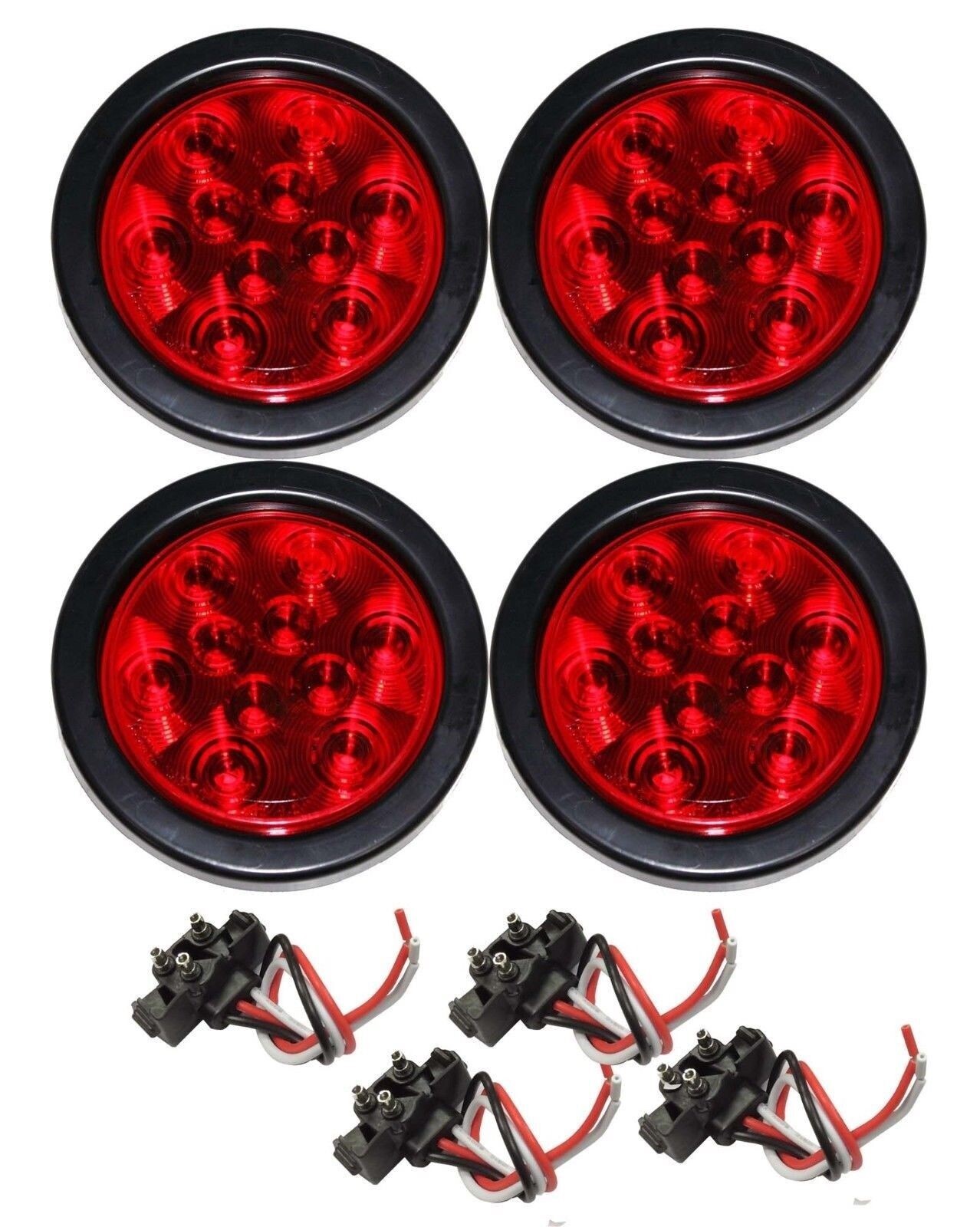 (4) Red 10 LED 4" Round Truck Trailer Brake Stop Turn Tail Lights - 24003