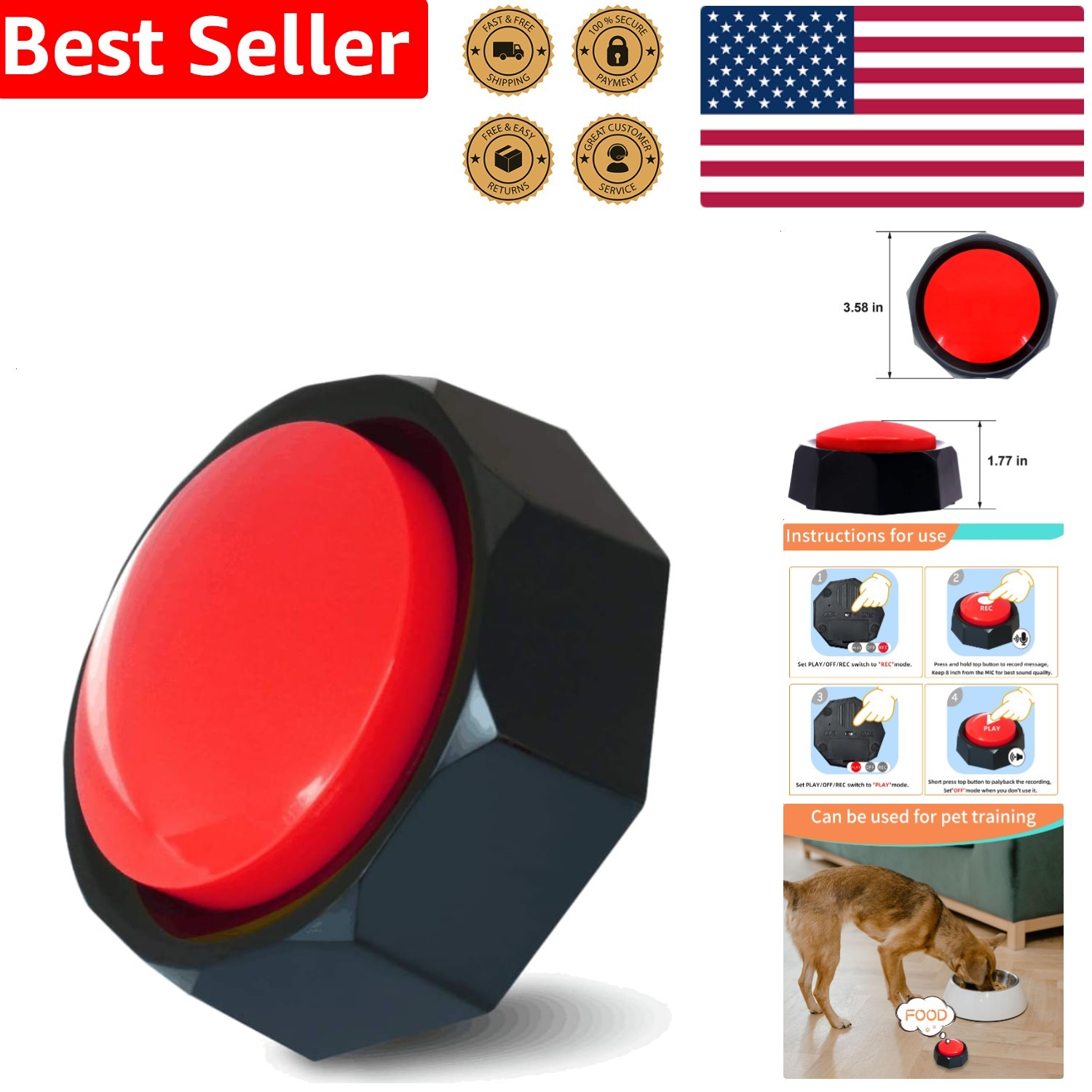 Dog Training Button | Recordable Pet Voice Buzzer | 30s Interactive Communica...
