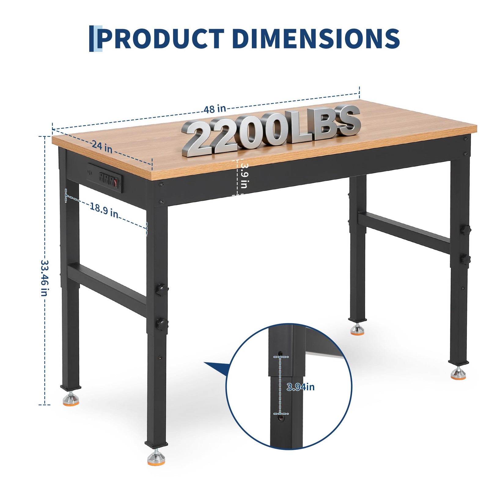 48" Workbench Adjustable Height Work Table Garage 2000LBS Load with Power Outlet