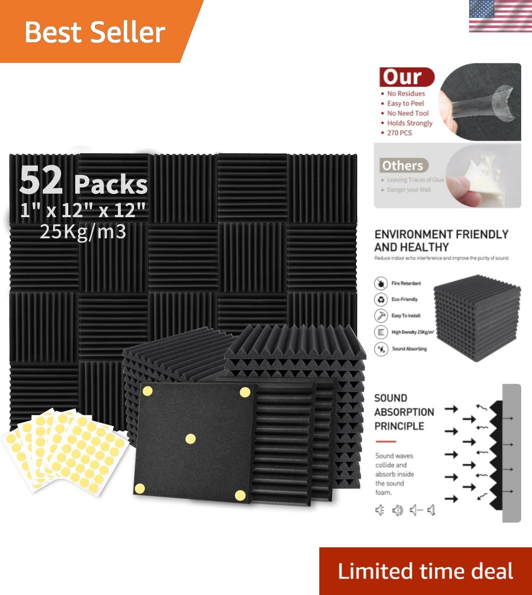 52 Pack Acoustic Foam Panels 1" x 12" x 12" Sound Proof Foam Panles Soundproo...