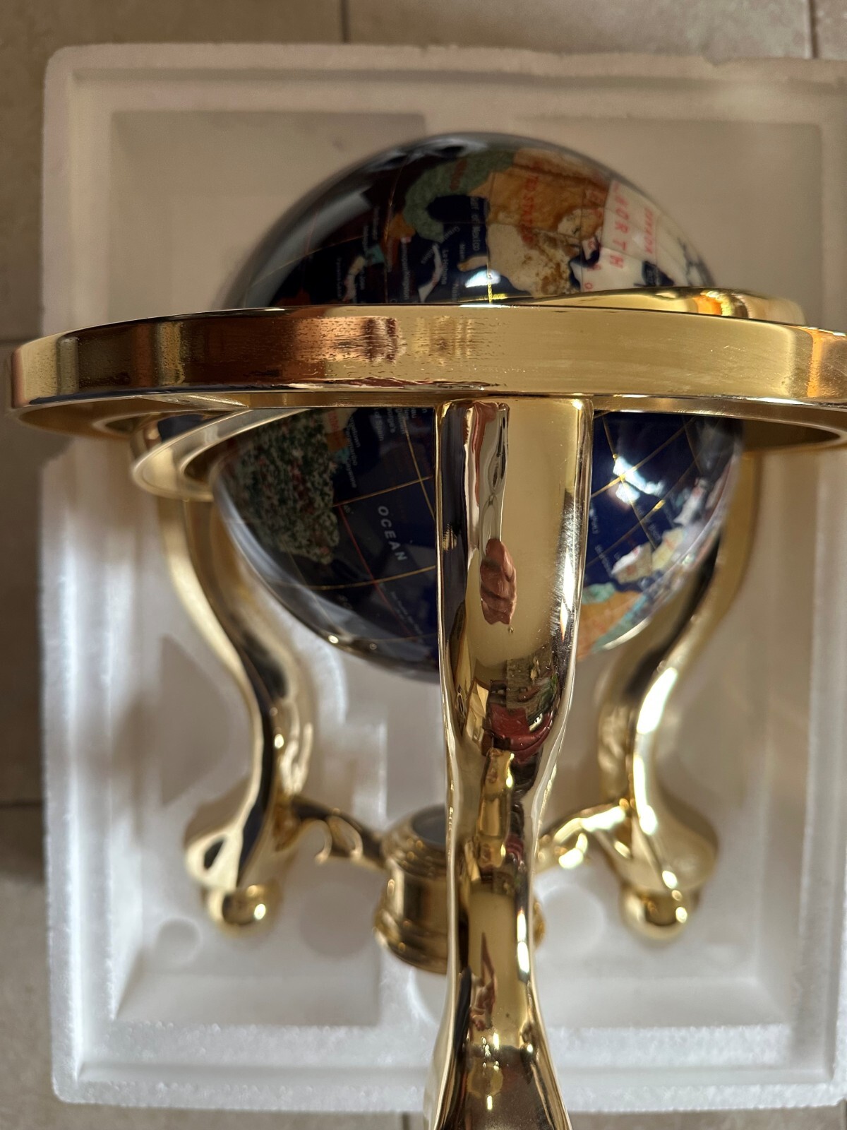 NEW GEMSTONE TABLETOP GLOBE BLUE LAPIS OCEAN BRASS TRIPOD COMPASS WORLD MAP