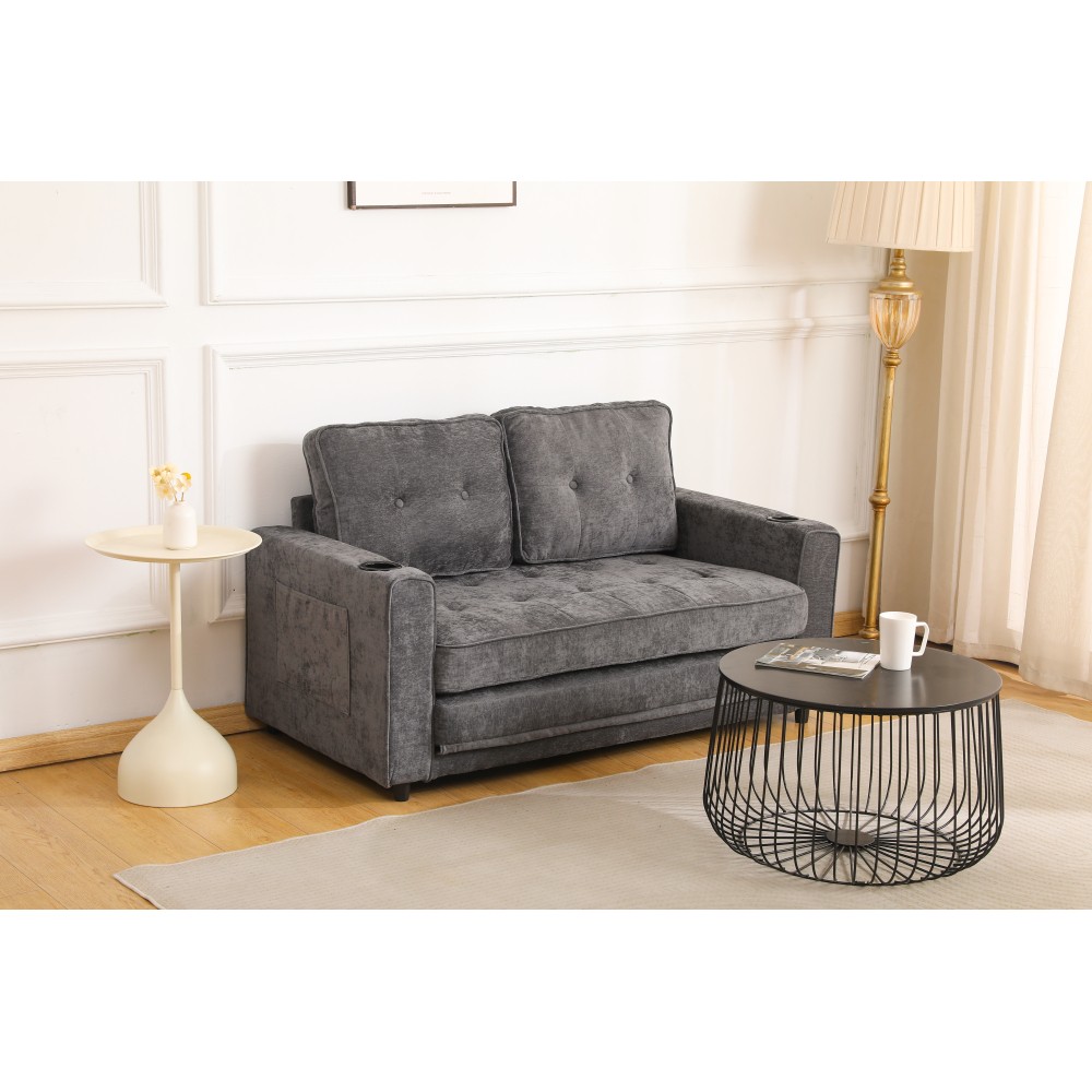 55" 3-Fold Dark Gray Convertible Futon Sleeper Sofa – Velvet Linen Fabric