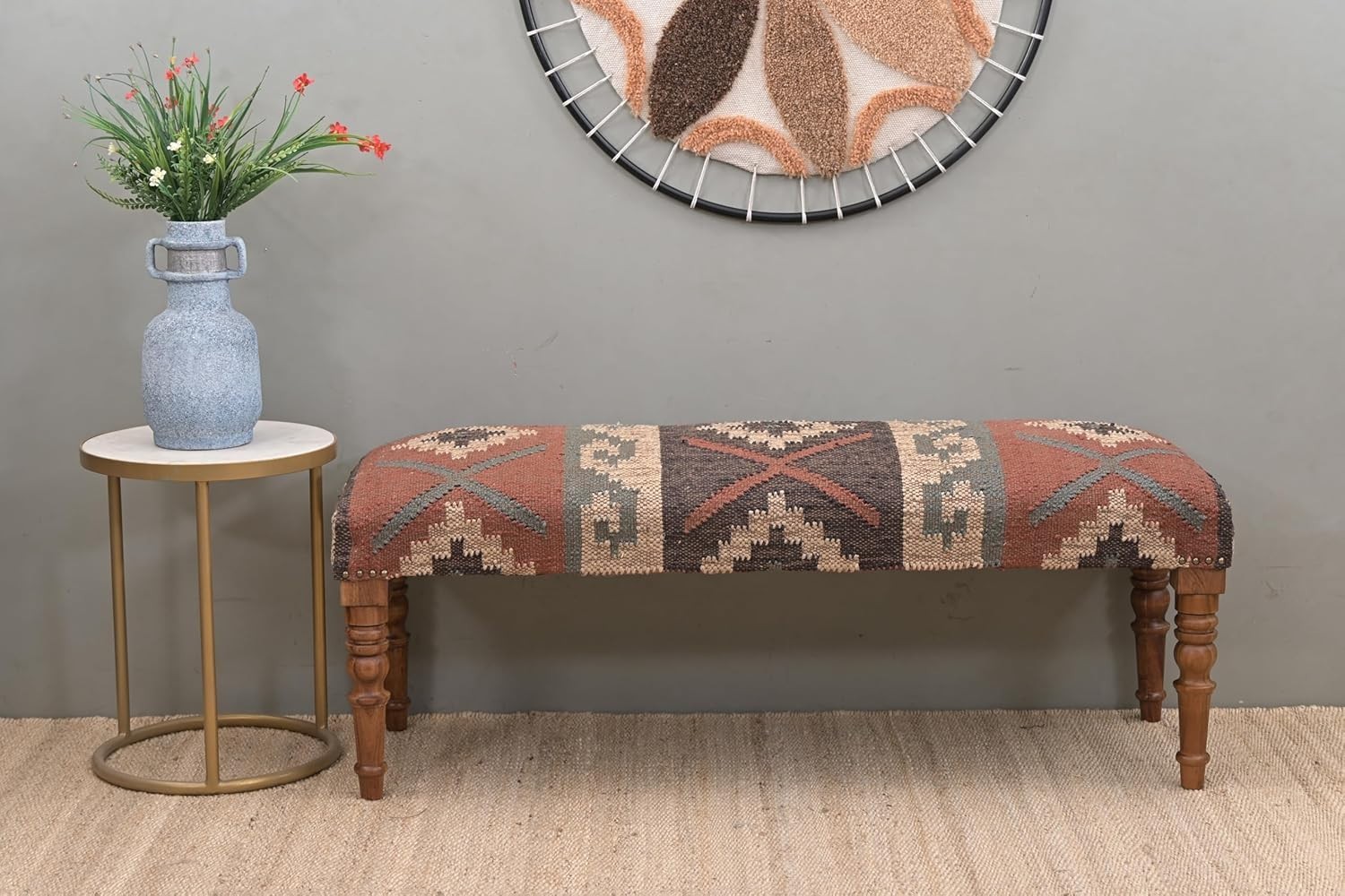 NATURAL FURNISH Acacia Wood Kilim Jute Upholstered Bench Ottoman for Home Brown