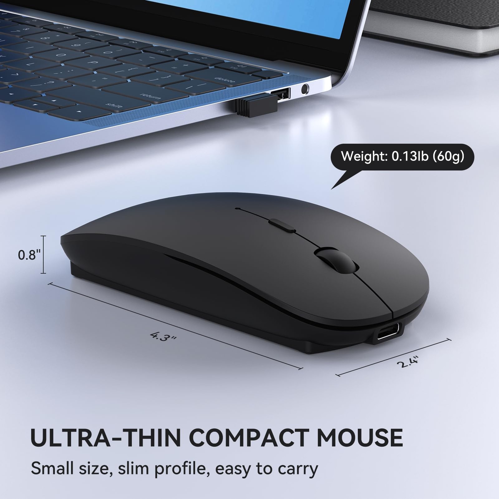 Black Rechargeable USB C Mouse Type C Wireless Mice Portable Optical Quiet Click