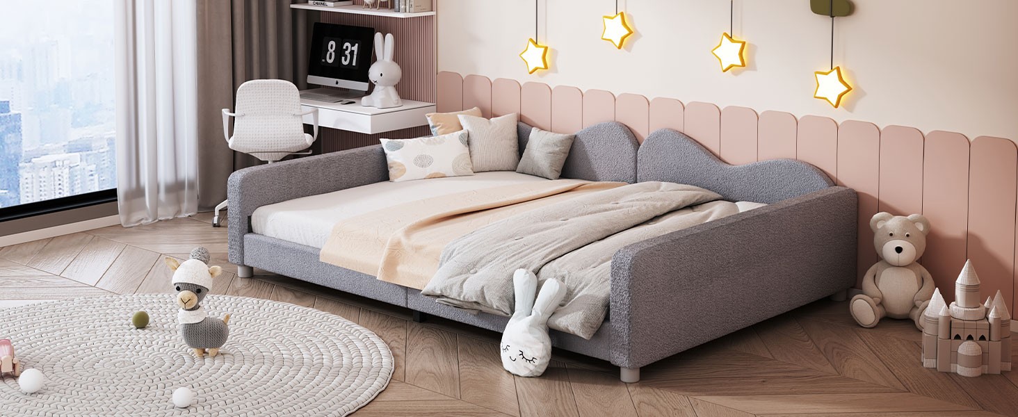 Full size Upholstered Daybed, Sherpa Fabric Sofabed with Cloud-Shaped Backrest