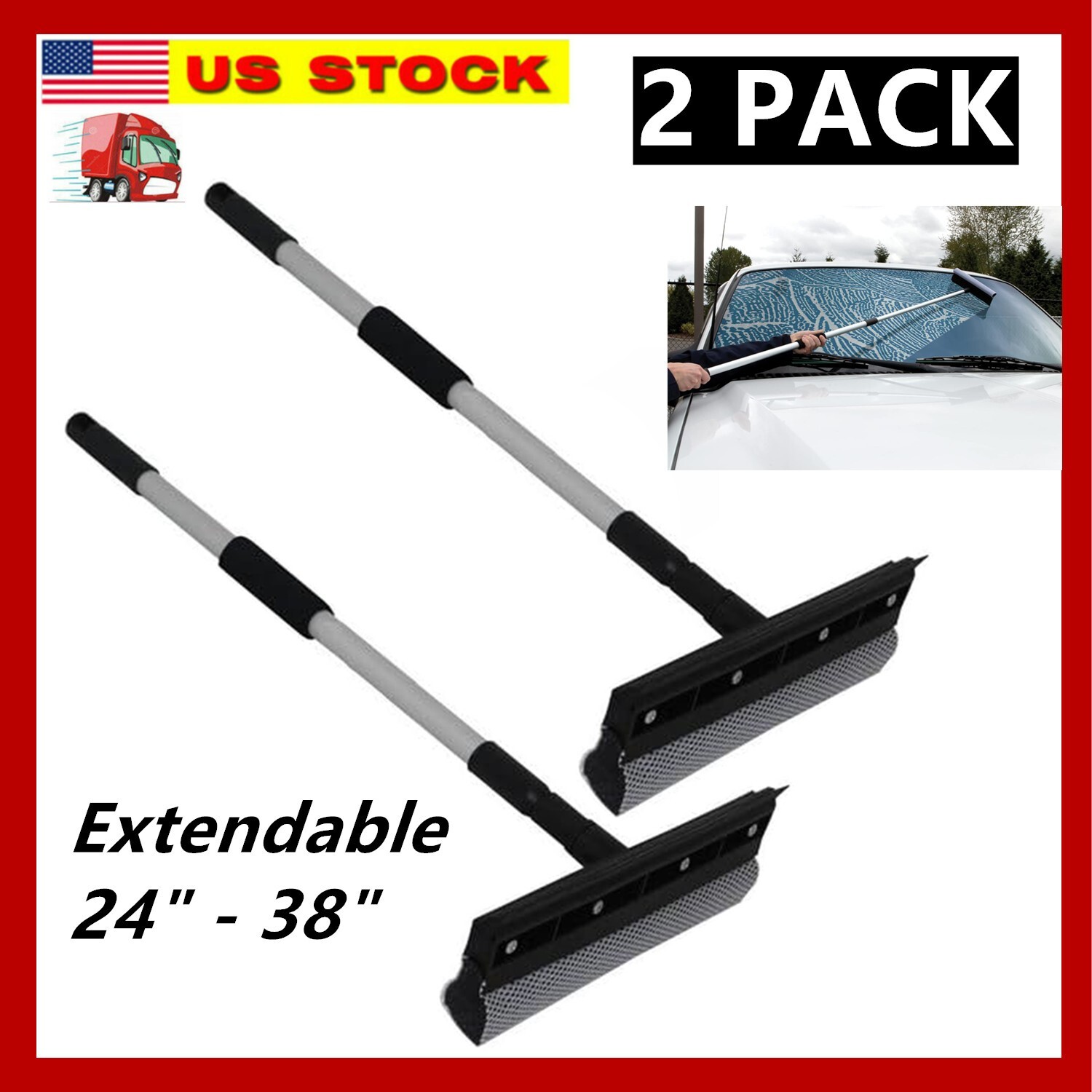 2x Extendable Window Squeegee Cleaner Long Handle Car Cleaning Window Glass 38"