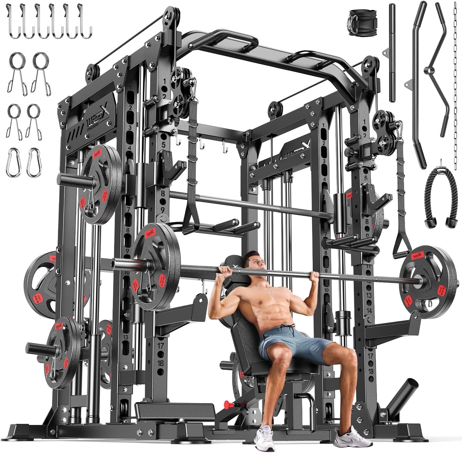 Smith Machine with Cable Crossover System, Multi-Function Power Cage Squat Rack