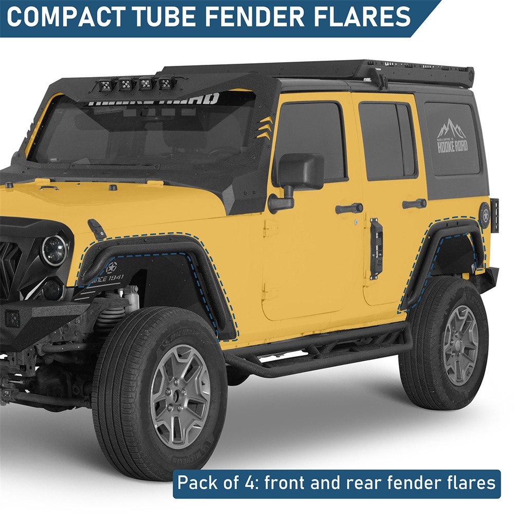 Hooke Road Front & Rear Compact Tube Fender Flares Fit 07-18 Jeep Wrangler JK