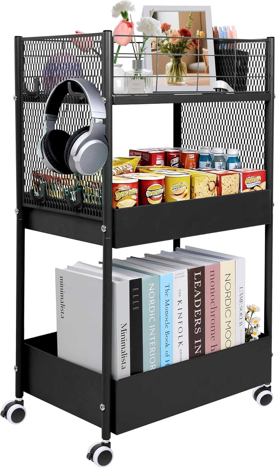 3-Tier Rolling Storage Cart Metal Utility Cart with Wheels, Office Organizer wit