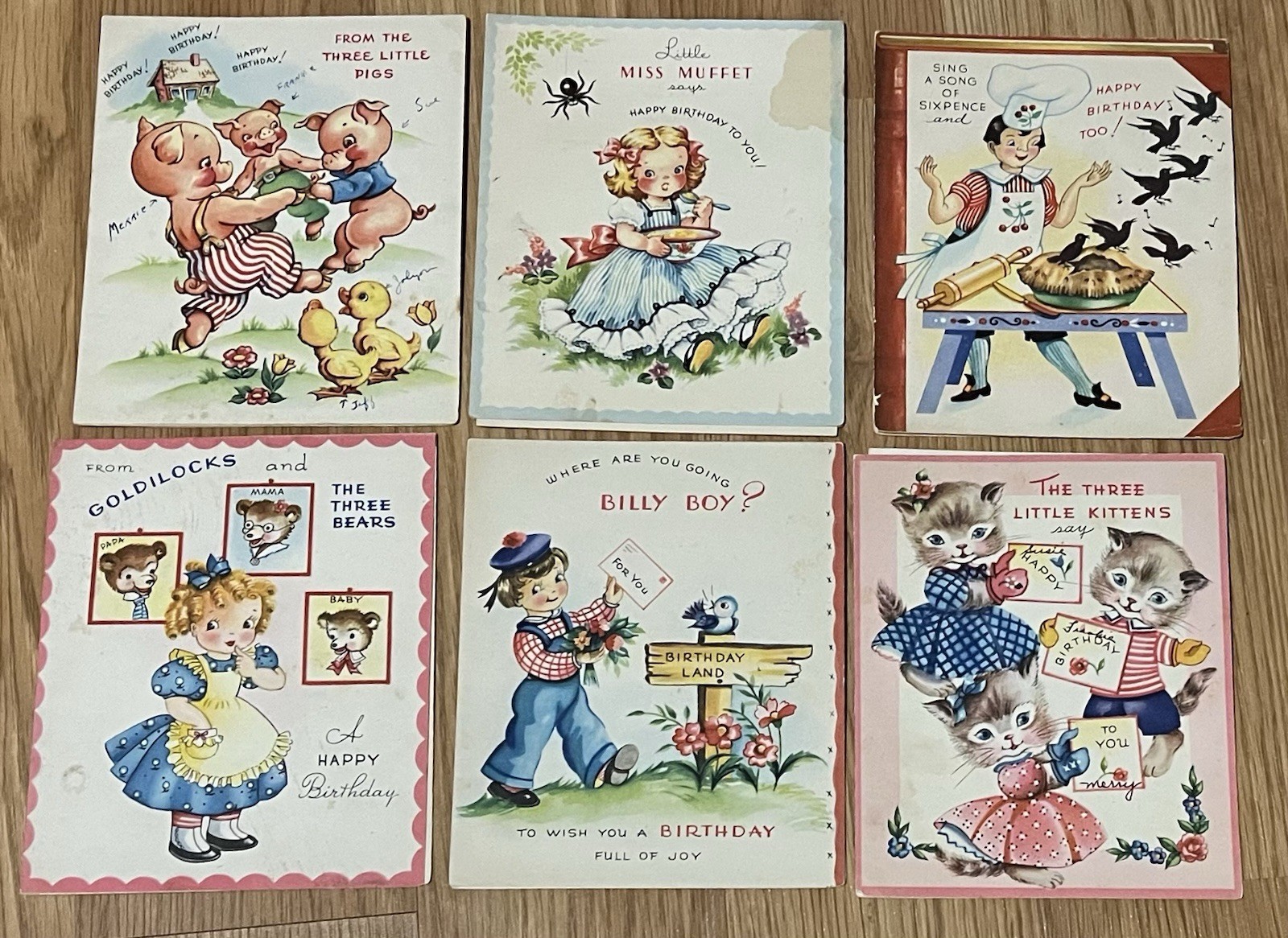 6 Nursery Rhyme Birthday Cards Story Music 40's Miss Muffet Vintage Greeting