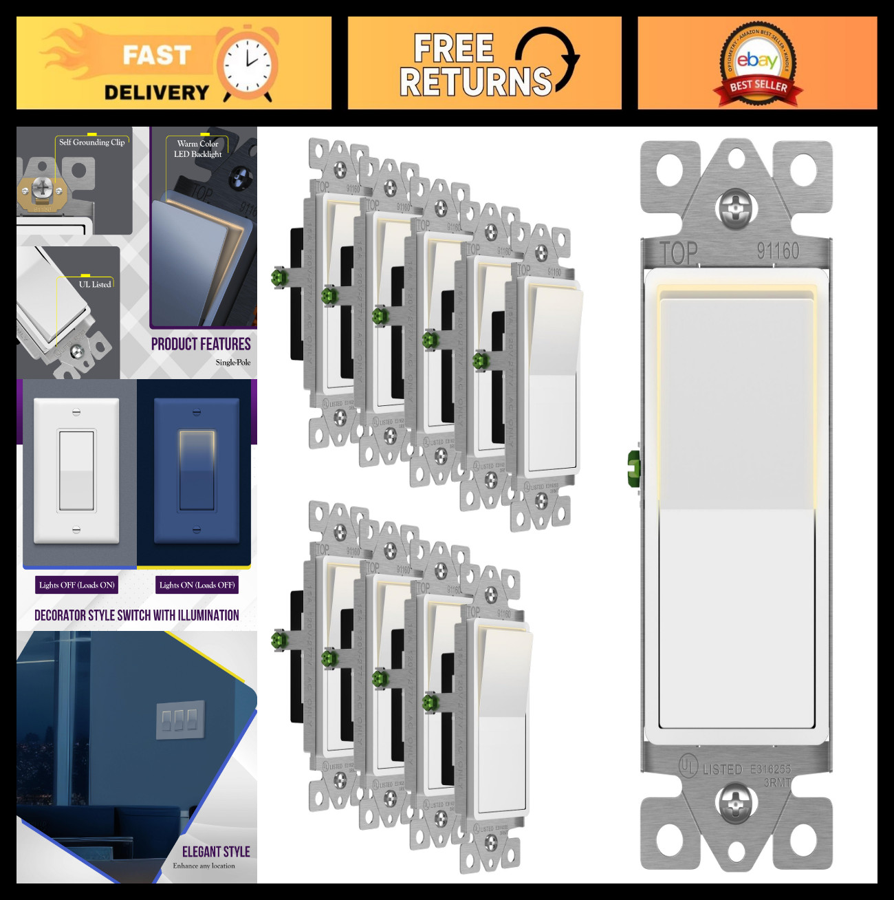 Illuminated Single Pole Decorator Light Switch 15A, 120-277V, 10 Pack, UL-Listed