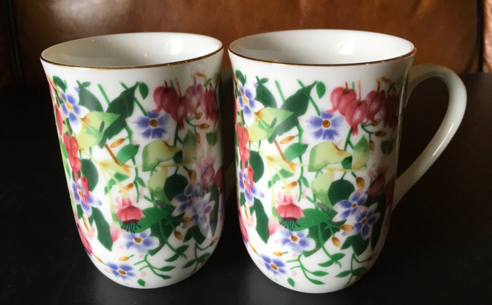 Mugs gold rimmed summer flowers 4” X 2.75” dia a pair of Otagiri coffee tea cups