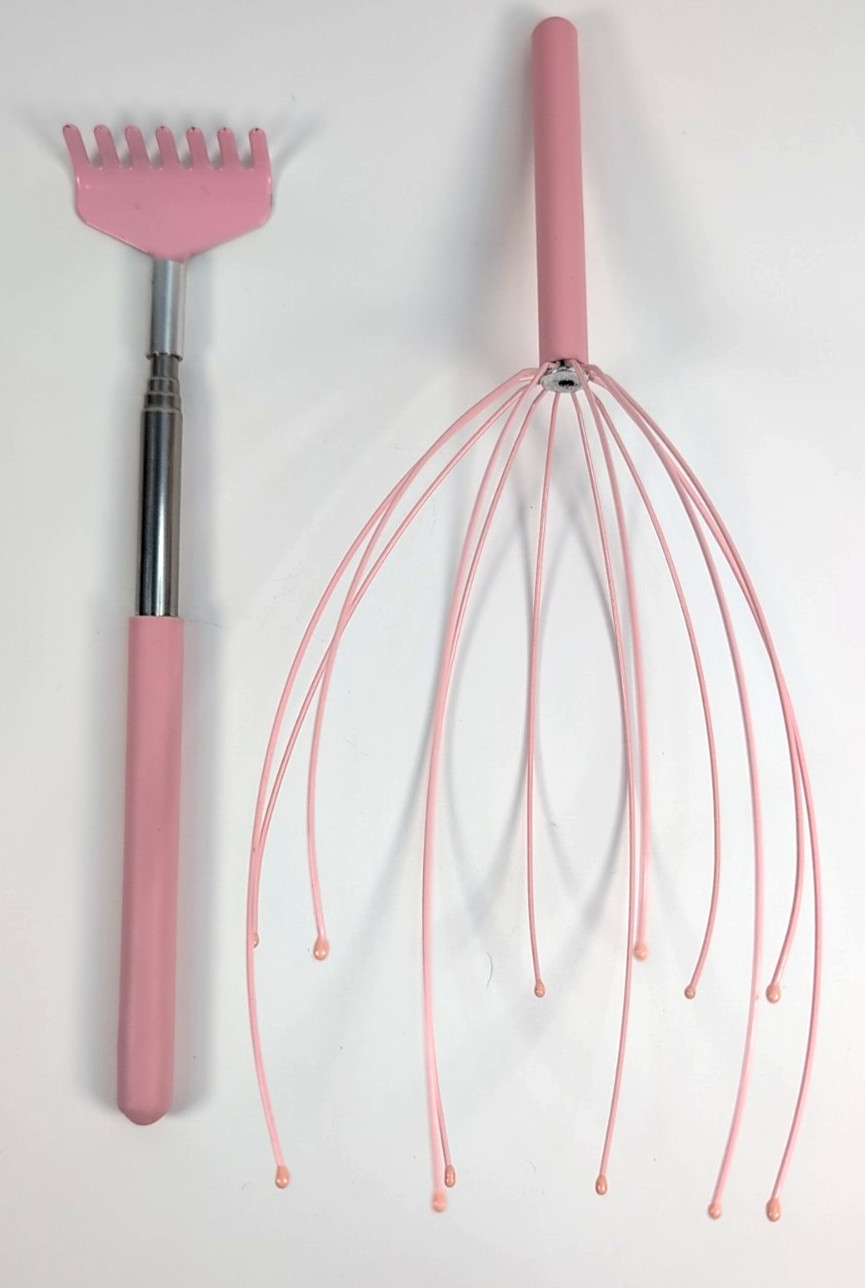 Pink Head Hair Scalp & Back Massager Scratcher Tingler Set For Deep Relaxation