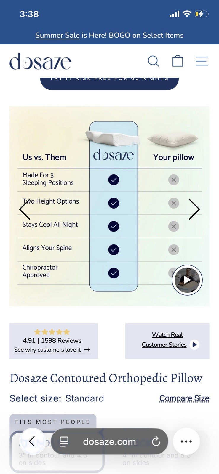 Open Box Dosaze Orthopedic Contour Memory Foam Pillow