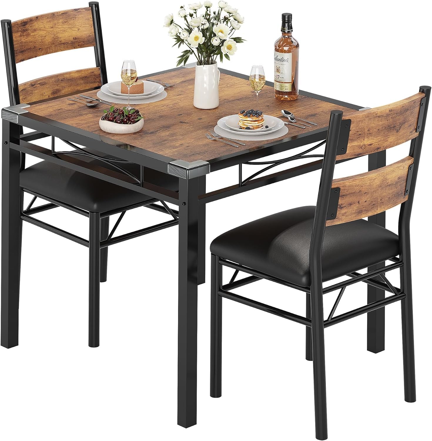 Modern 3Piece Dining Table Set Kitchen Table with Upholstered Chairs Metal Frame