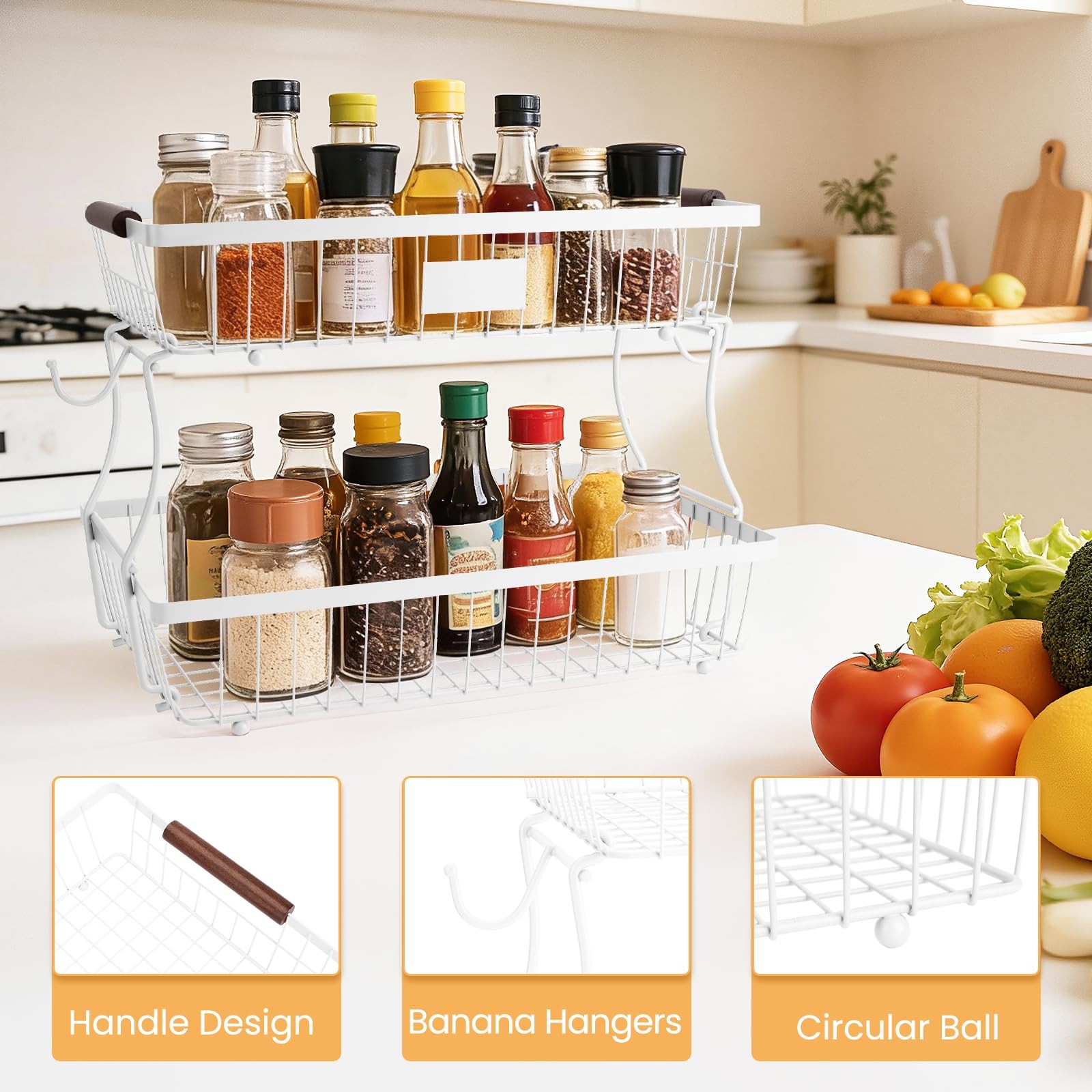 2-Tier Stackable Wire Basket with 2 Banana Hooks, Pantry Organizer for Kitche...
