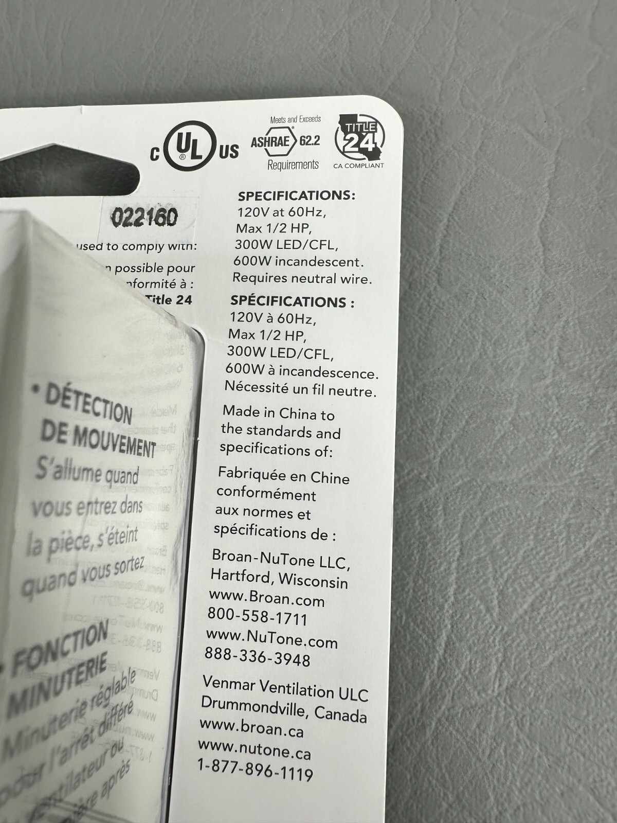 Broan NuTone MS100WR Occupancy Sensor New
