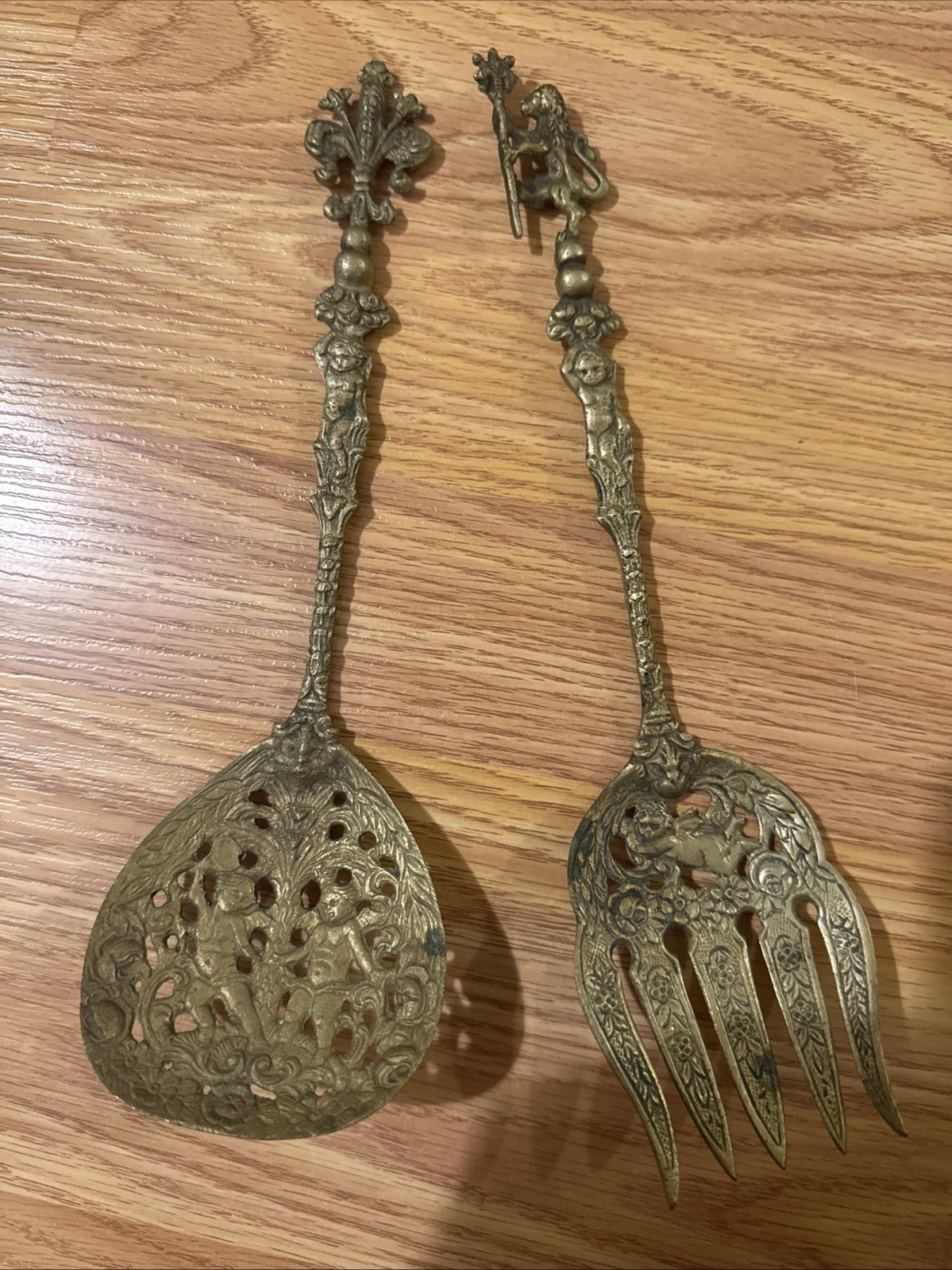 Ornate Brass Serving Spoon Fork Set Italy Cherub Design