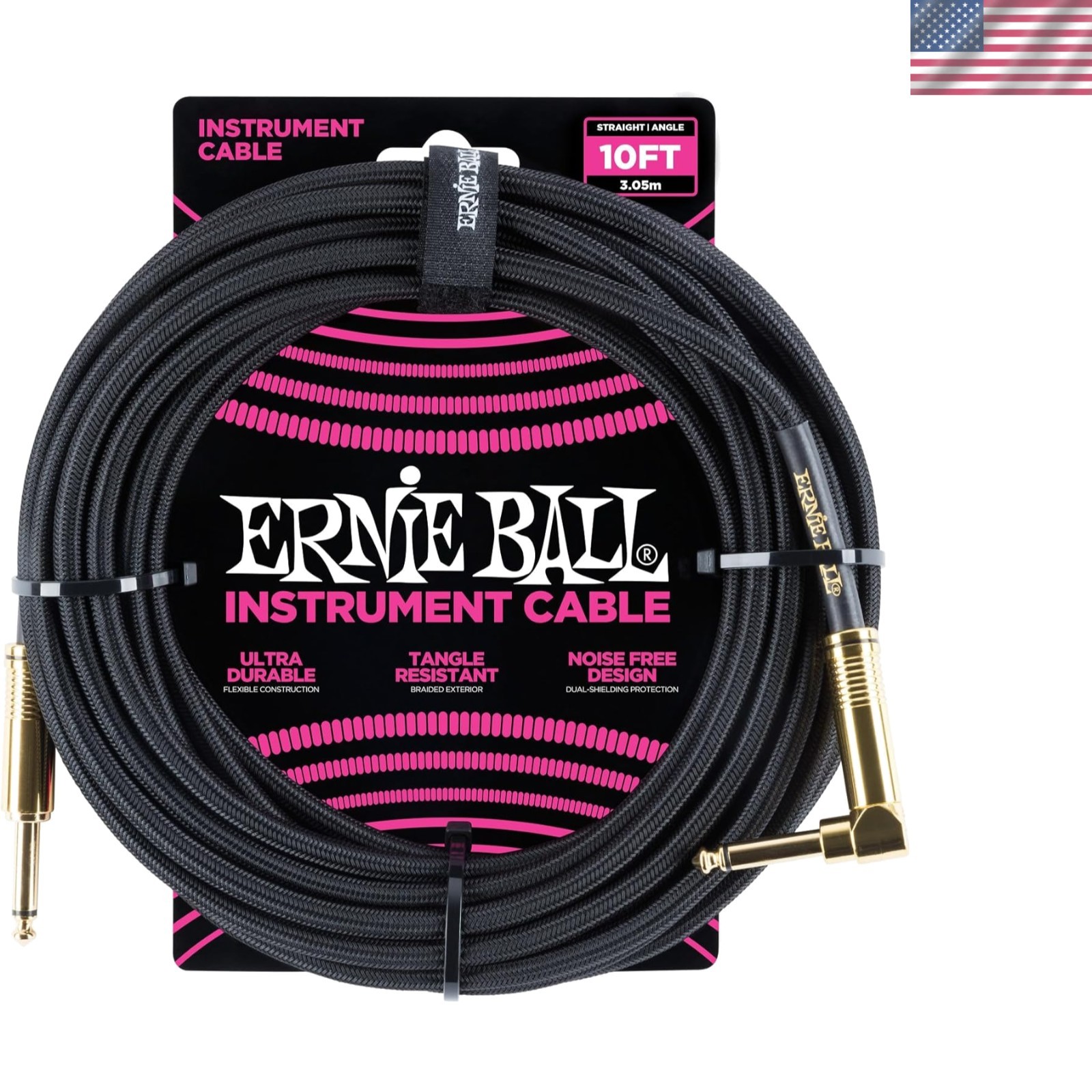 10ft Black Braided Instrument Cable - Straight/Angle, Exceptional Signal Quality