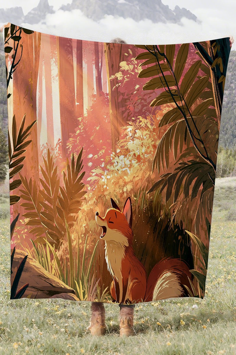 Fox in Sunny Forest Coral Fleece Cozy Throw Blanket Rustic Cute