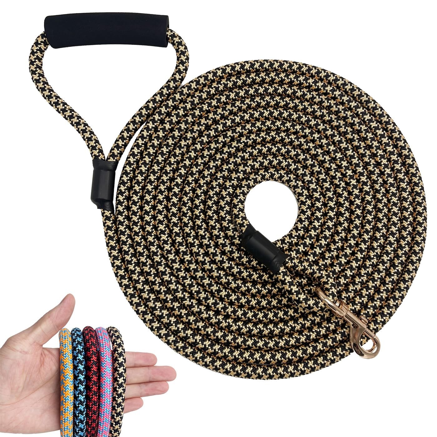 Nylon Strong Dog Rope Lead Leash Training With Soft Handle Black/Golden 30FT