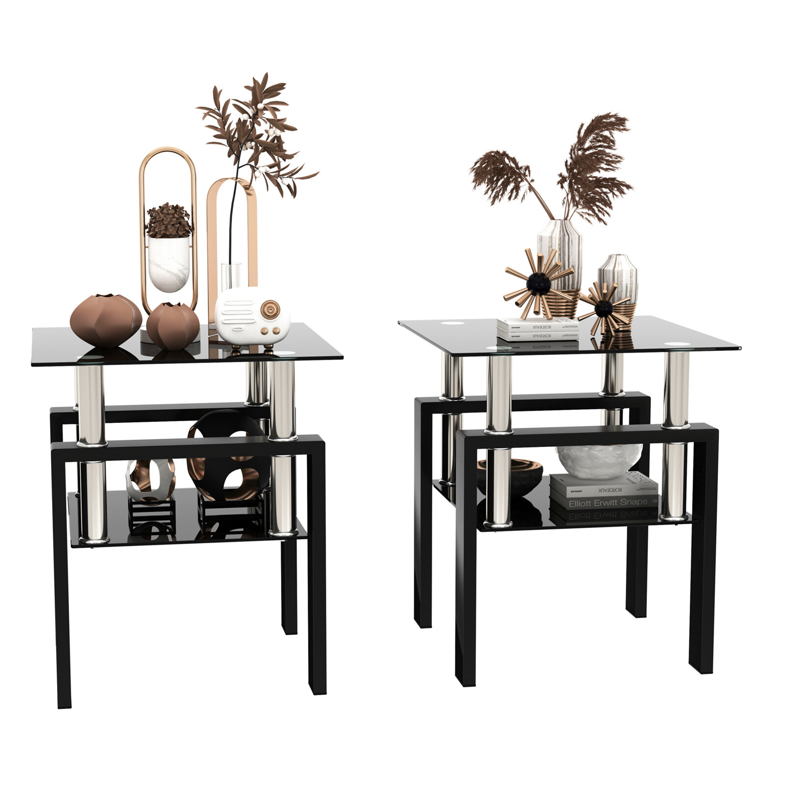 Modern Tempered Glass Set of 2 Coffee Table Tea Table Square Table End Table