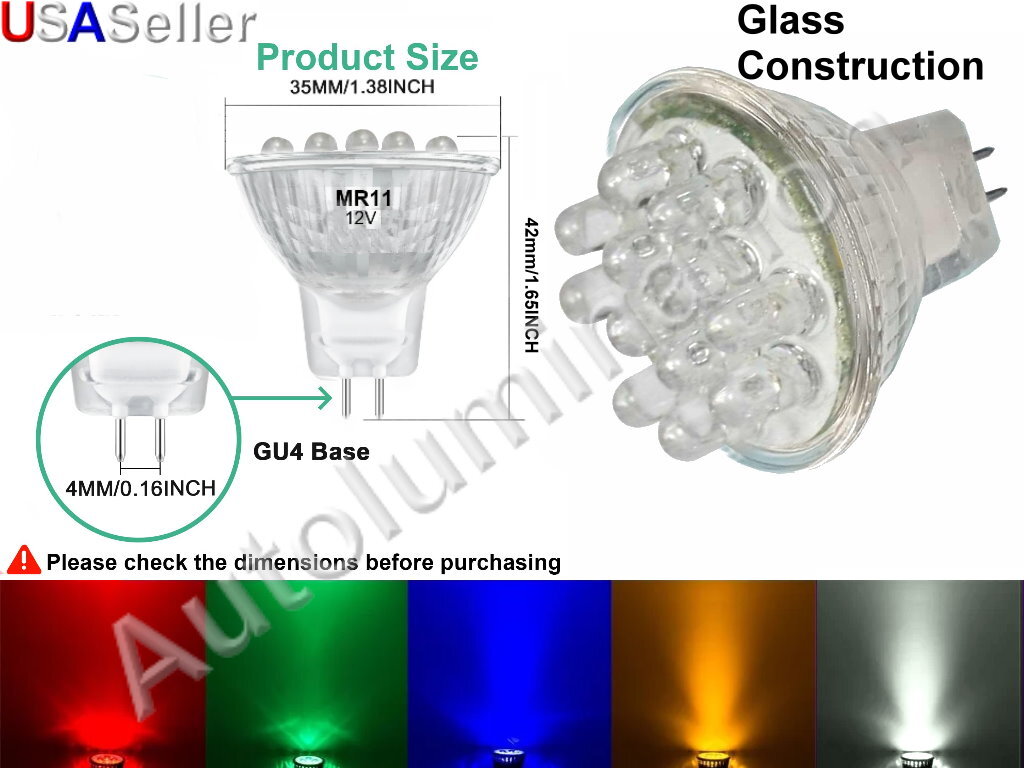 MR11 GU4 12 Led Light Bulbs Lamps Red Amber Green White Blue 12v Volt