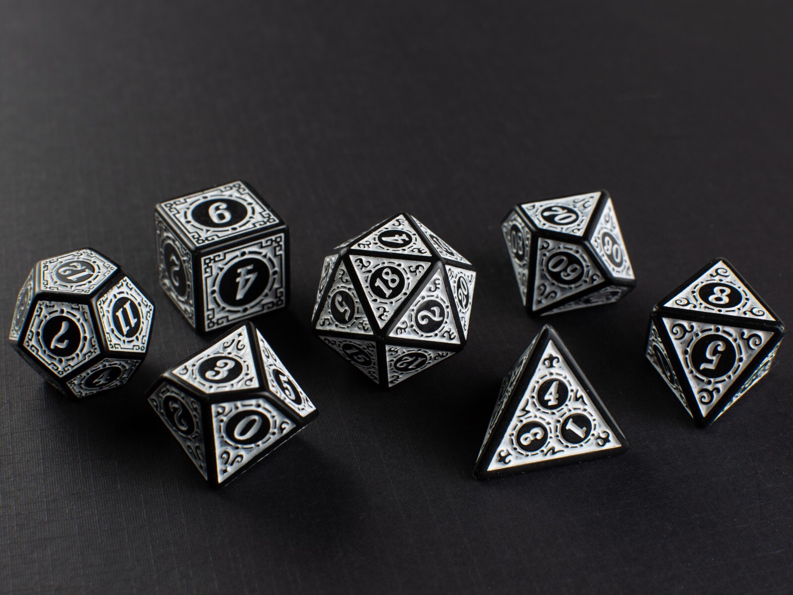 Shadow Runes Dice Set - Black & White Runic Design for Dungeons & Dragons - DnD