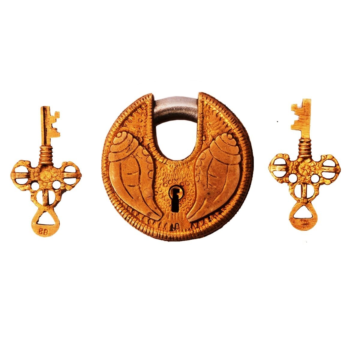 Handmade Vintage Style Rare Unique Shankh Conch Brass Padlock With Keys