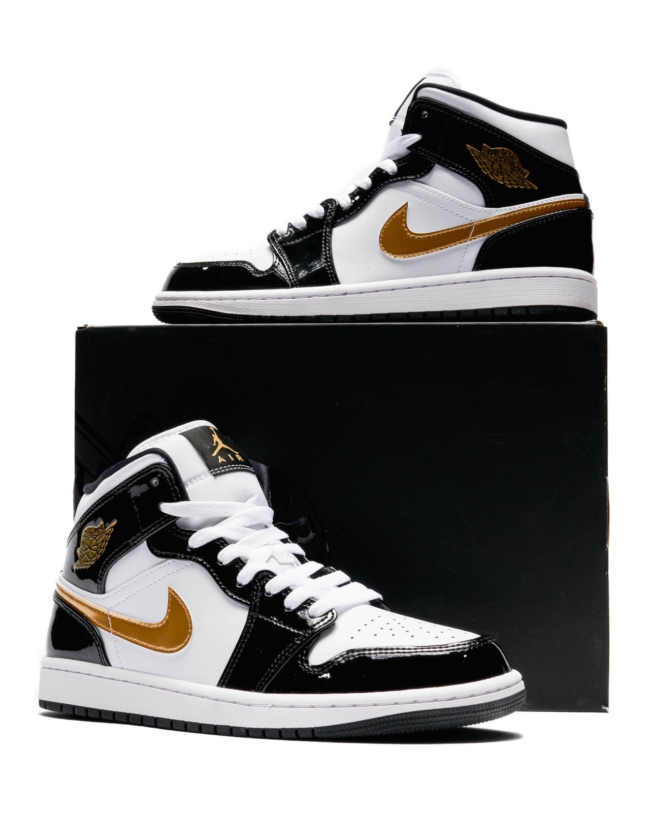 Nike Air Jordan 1 Mid Patent Black White Gold 852542-007 Men's Size New