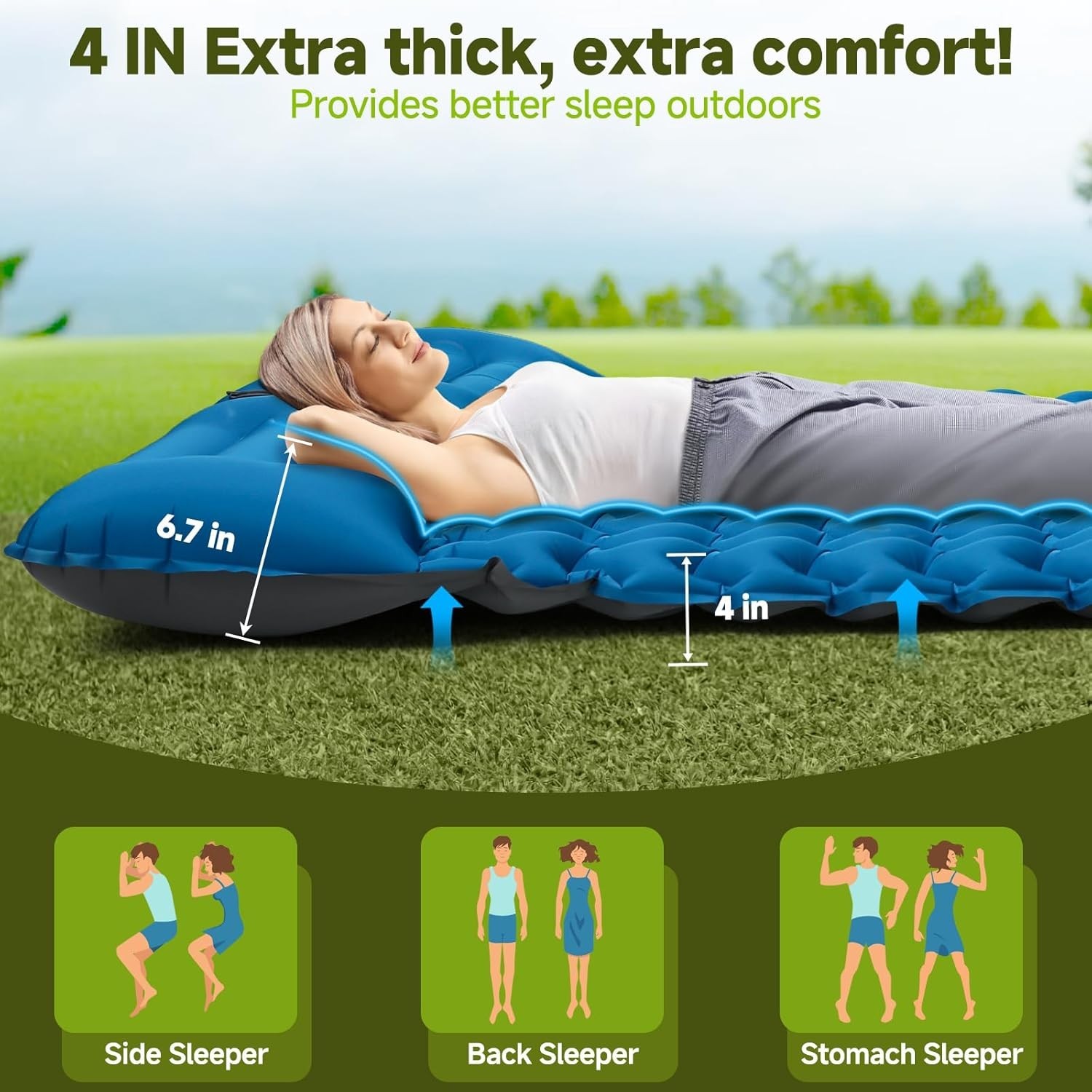 Ultralight 4" Thick Inflatable Sleeping Pad for Camping - Quick Inflate & Carry