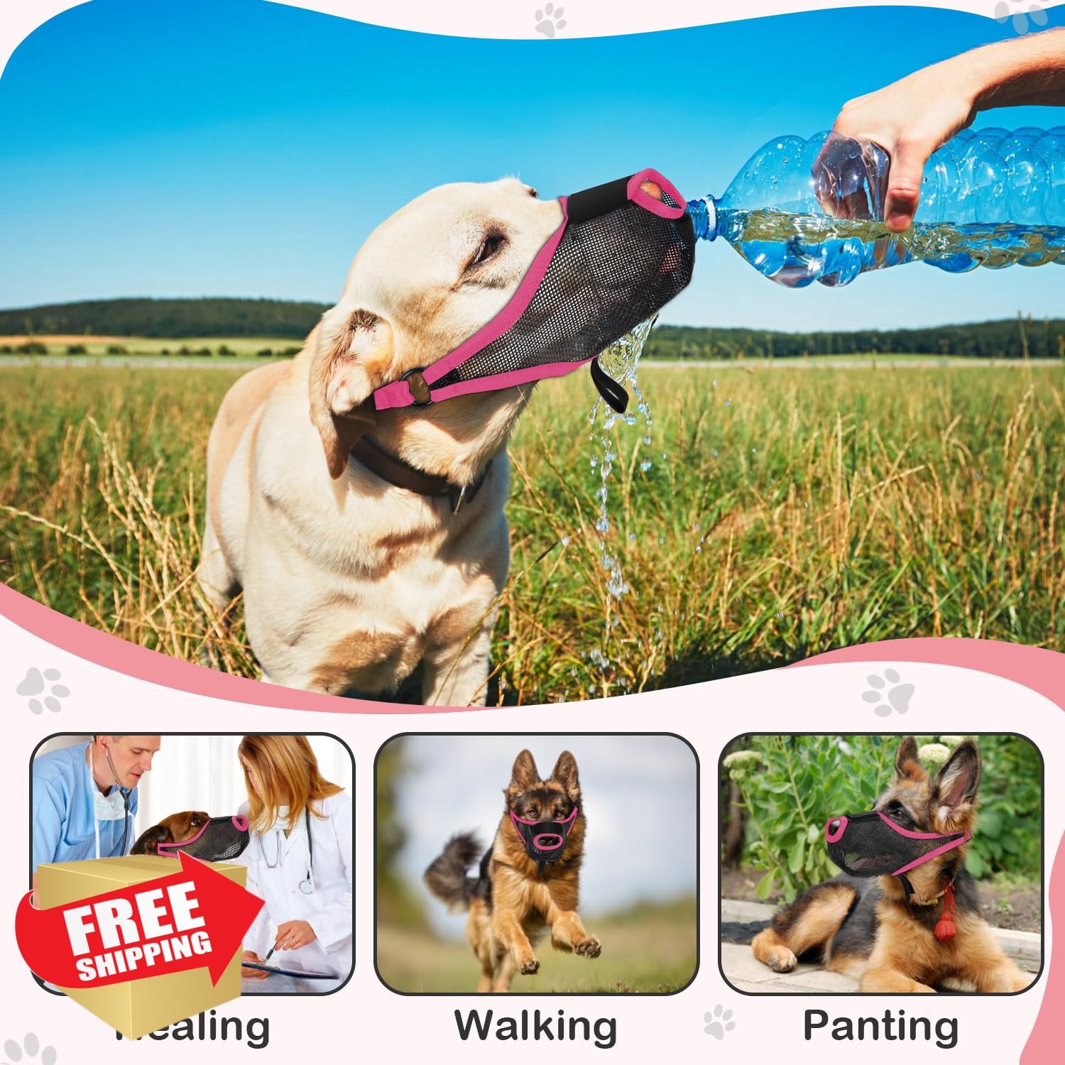 Dog Muzzle S Pink Soft Mesh Breathable Anti-Bite Lick Adjustable Paws