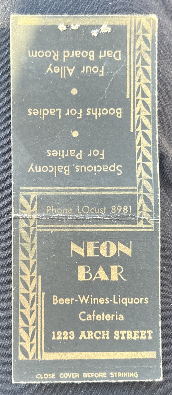 Vintage NEON BAR Beer-Wines-Liquors Cafeteria Matchbook Cover, 1223 Arch Street