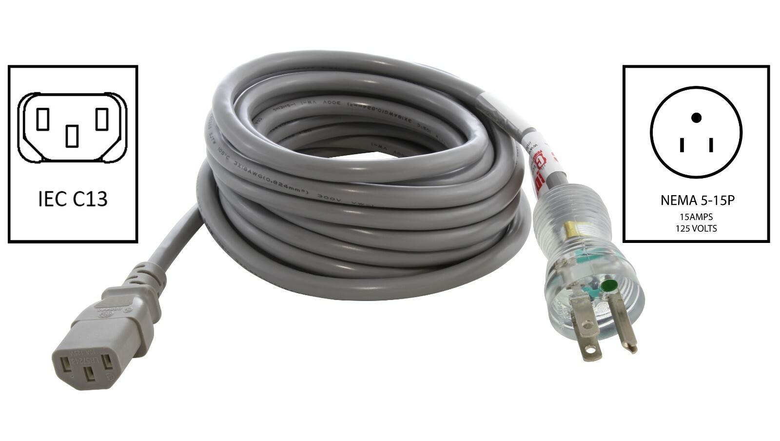 8ft 10A 18/3 Medical Grade Power Cord With C13 Connector by AC WORKS®