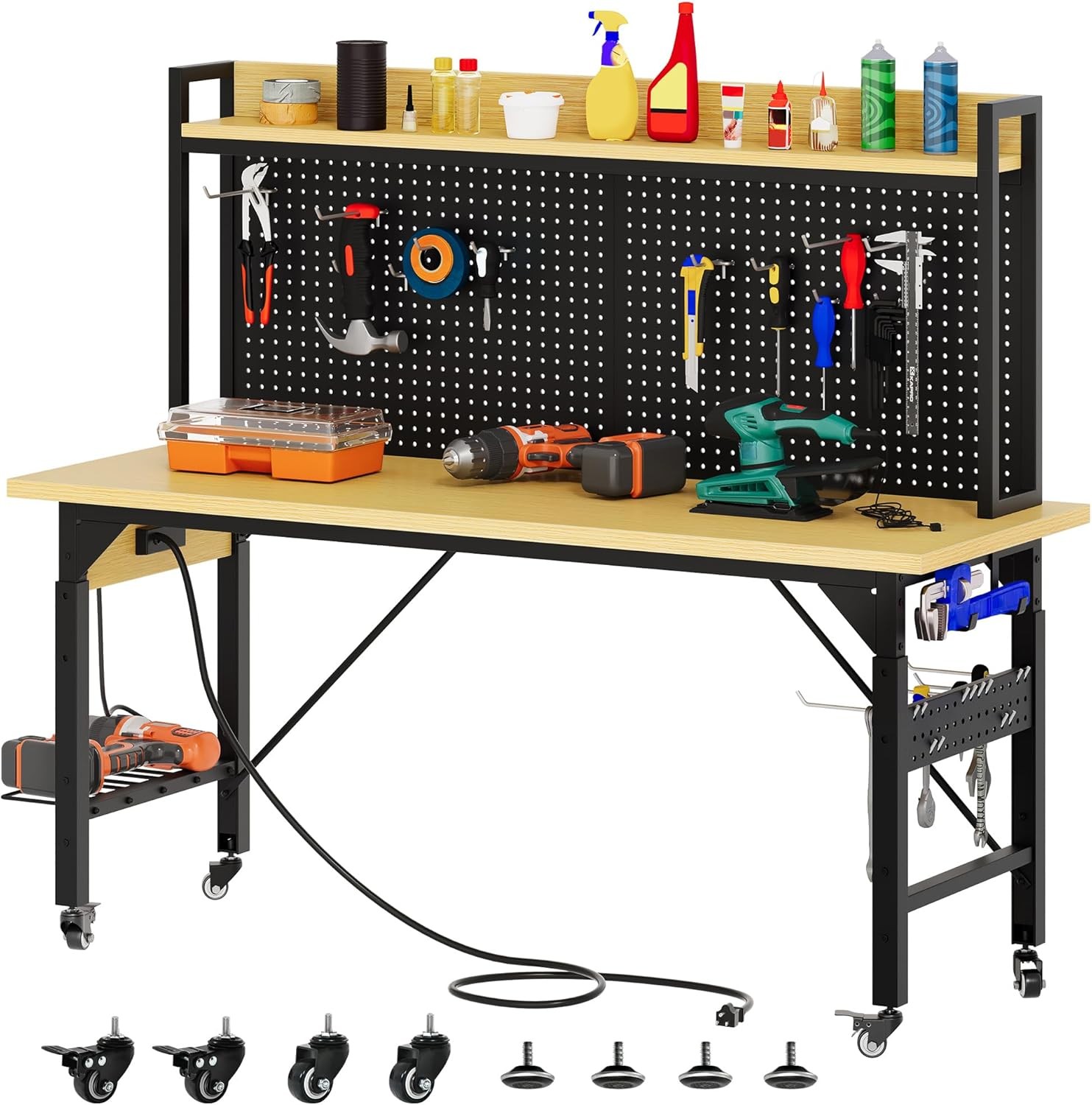 Rolling Workbench Adjustable Garage Table with Pegboard
