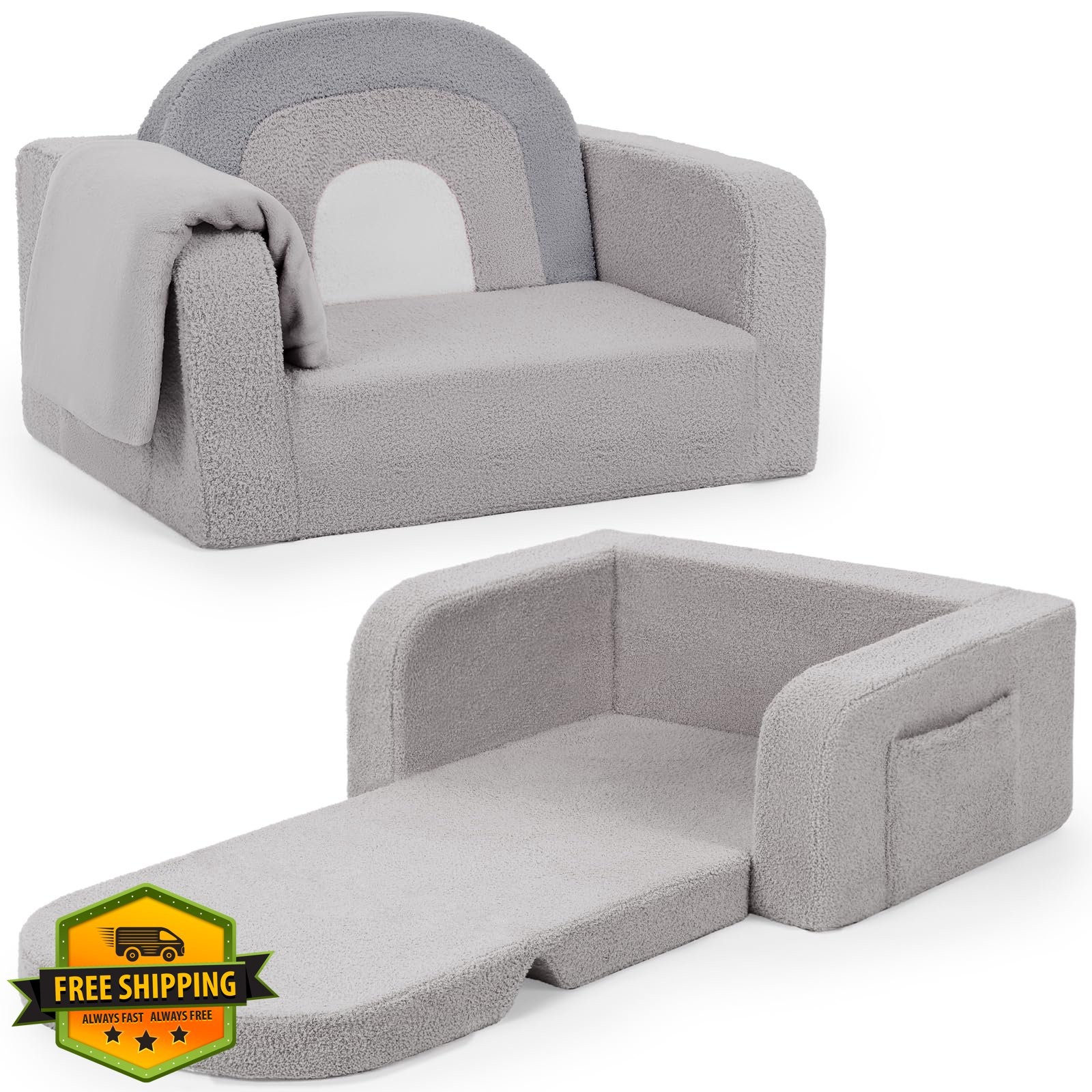 Foryoomi Kids Couch Toddler 2-in-1 Fold Out Chair Rainbow Medium Grey